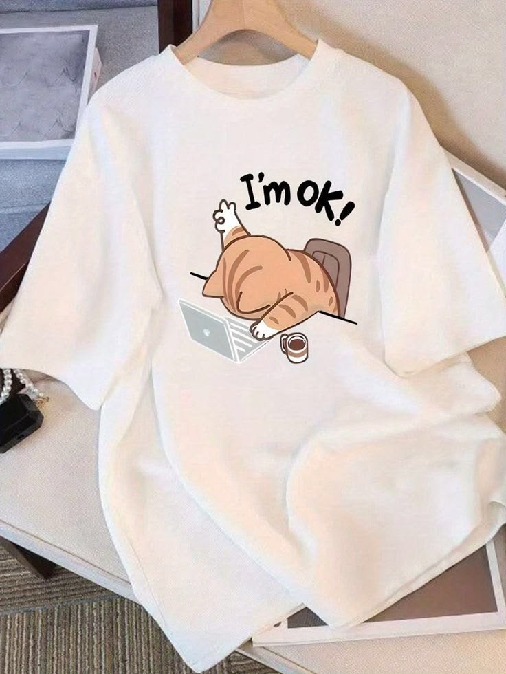 "I'm OK!" Lazy Cat Desk Graphic Oversized Tee