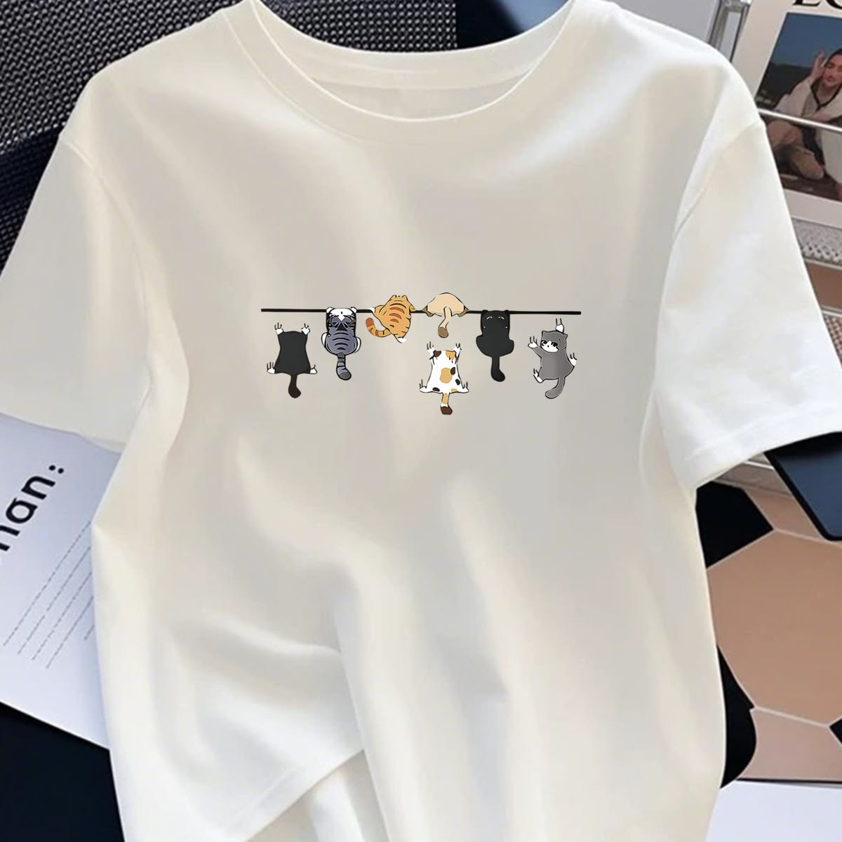 Hanging Cats Line White Oversized Graphic Tee